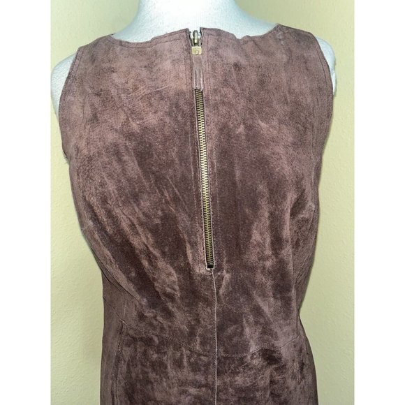 Isaac Mizrahi Suede Leather Jumper Dress Pockets Brown Size 12 Side & Front Zip - Picture 2 of 11
